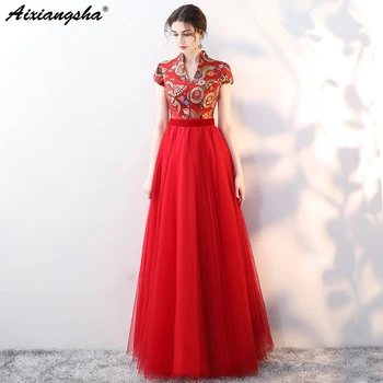 

New Red Embroidery Vintage Evening Dresse 19 Long Dress Elegant Custom Size Floor-length High Neck Short Sleeve vestido de festa