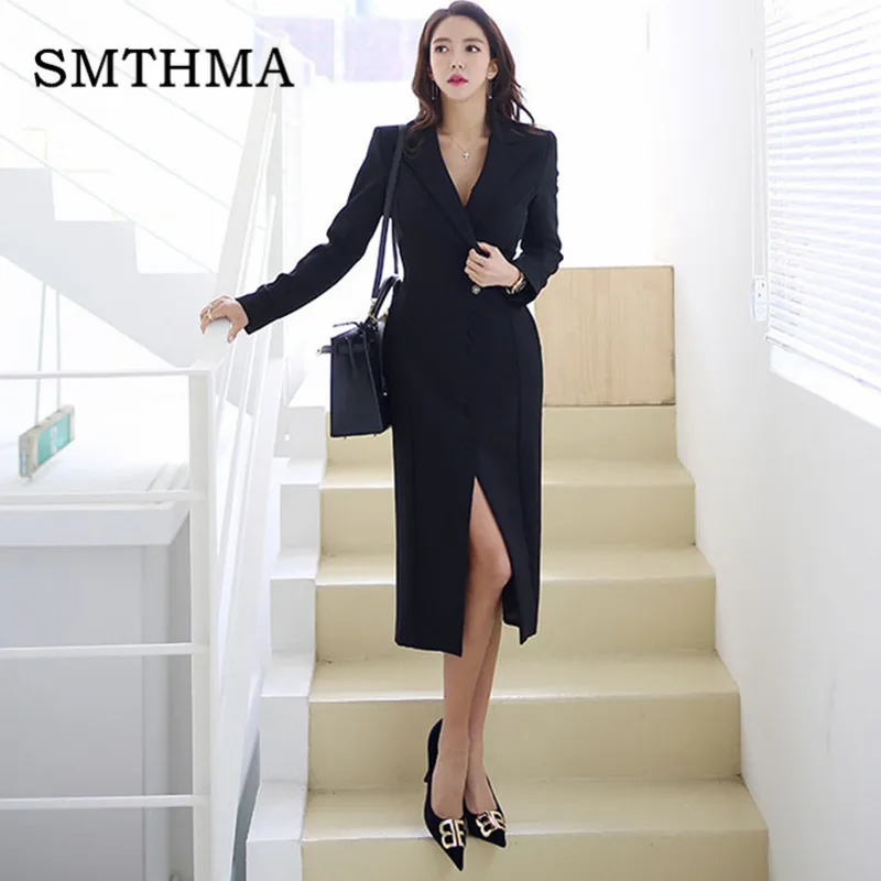 Новое корейское простое дизайнерское женское офисное платье с длинным рукавом однобортное осеннее длинное платье элегантное черное платье - Цвет: Photo Color