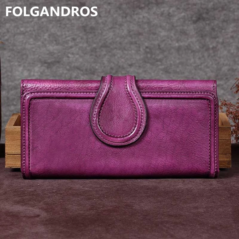 

Women's Genuine Leather Long Clutch Wallet Brand Designer Retro Purse Handmade Vintage Ladies Phone Card Holder Coin Pocket Bag
