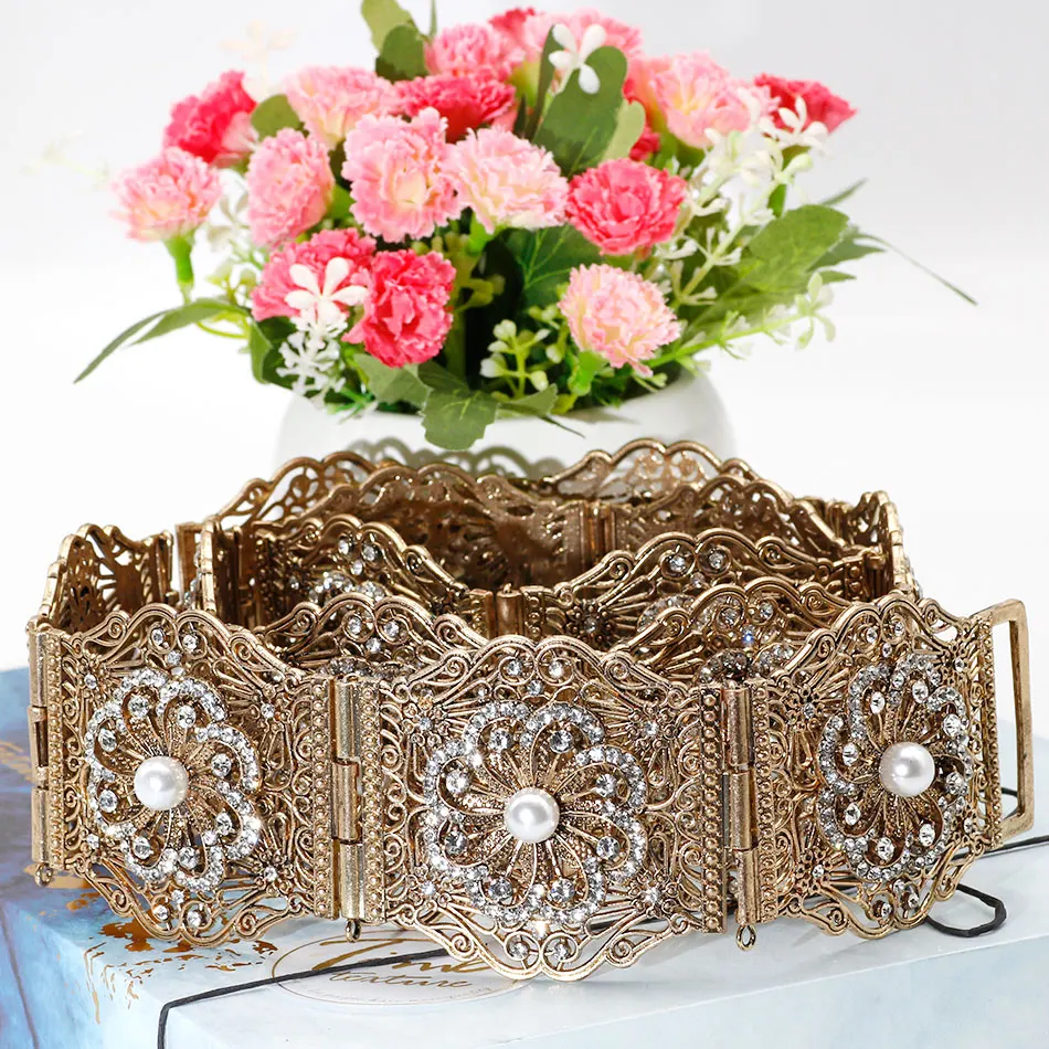 US $26.00 SunspiceMs Antique Gold Metal Women Belt Chain With Rhinestones And Artificial Pearl Adjust Length Caftan Waist Belt For Dress