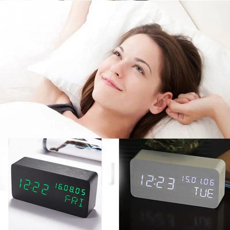 LED Cube Wooden Clock Voice Control Electronic Desk Table Clock LED Digital Watch no Radio For Kids Bedside Alarm Clock