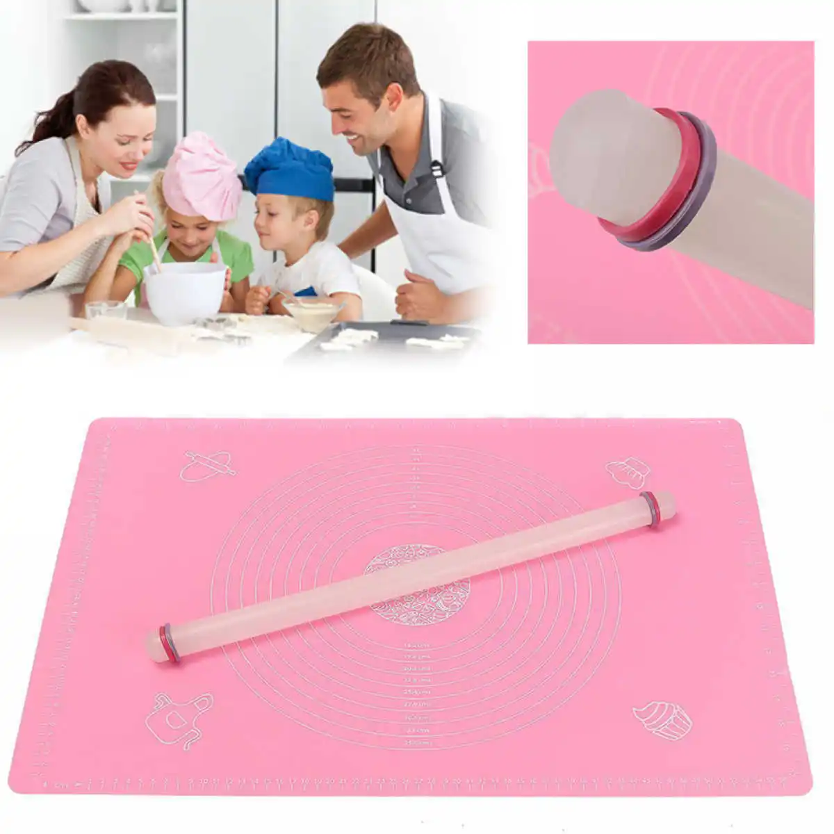 Nonstick Silicone Baking Cooking Mat with Measurement + Fondant Rolling Pin