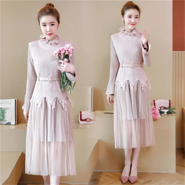 Best Offers Spring and autumn mesh yarn trumpet sleeve dress in the long paragraph loose fungus fringed knit thin vest womens two-piece suit Best Offers Spring and autumn mesh yarn trumpet sleeve dress in the long paragraph loose fungus fringed knit thin vest womens two-piece suit