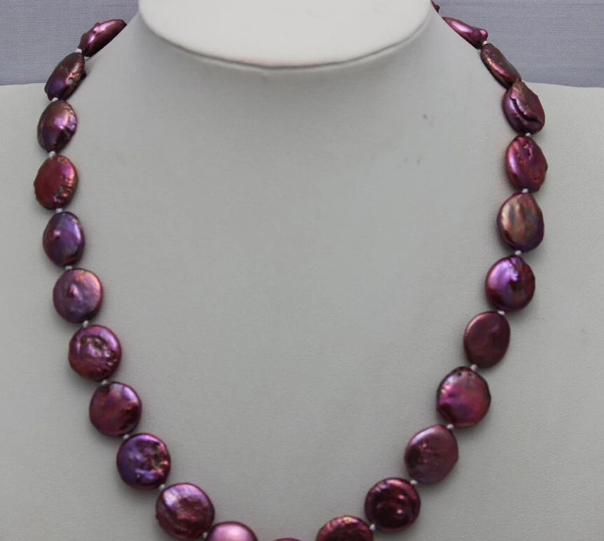 

0002984 Purple coin Freshwater pearl Necklace 12-14mm 17.5INCH "handmade" Alloy