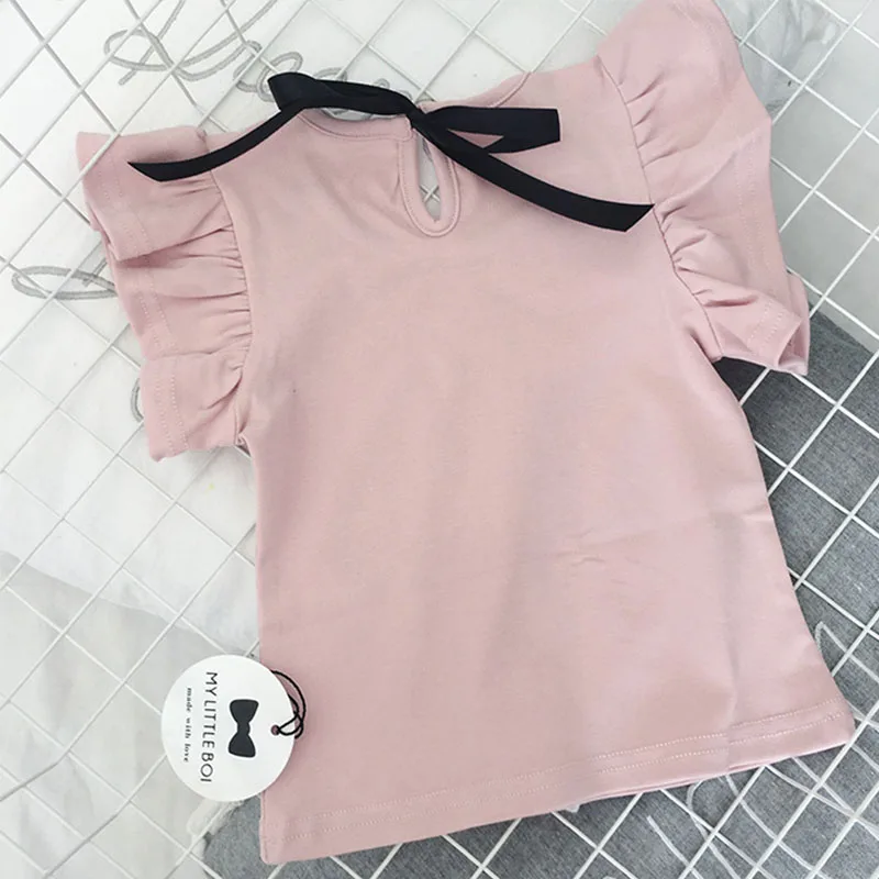 EnkeliBB Летняя Повседневная футболка для маленьких девочек, футболка с оборкой для девочек, красивые базовые футболки в полоску розового/белого/серого цвета, качественные Топы