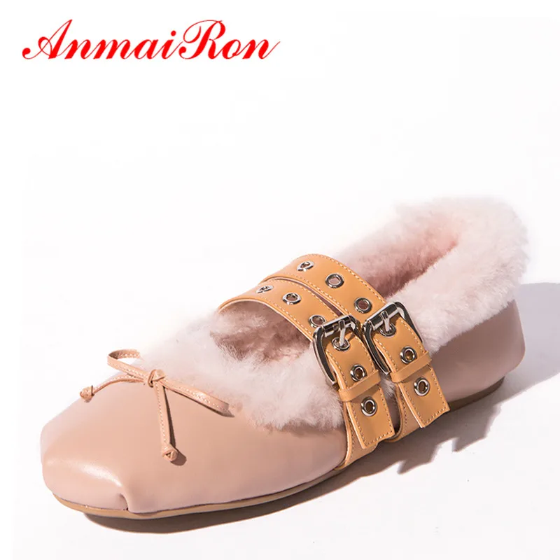 ФОТО ANMAIRON Winter Genuine Leather Flats Shoes Woman Topsider Zapatos Bowties Double Buckle Black Pink Flats Fur Nude Shoes Women