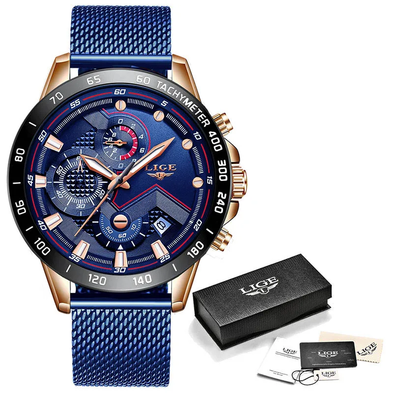 LIGE повседневные спортивные часы для мужчин синий топ бренд класса люкс военные водонепроницаемые мужские наручные часы модные хронограф наручные часы - Цвет: Rose gold blue