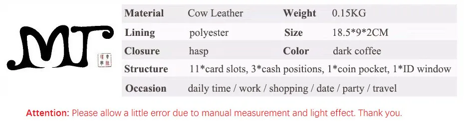 MJ Men's Genuine Leather Wallet Bi-Fold Real Leather Long Wallet for Men Quality Card Holder Male Purse Coin Pocket Dark Coffee (22)