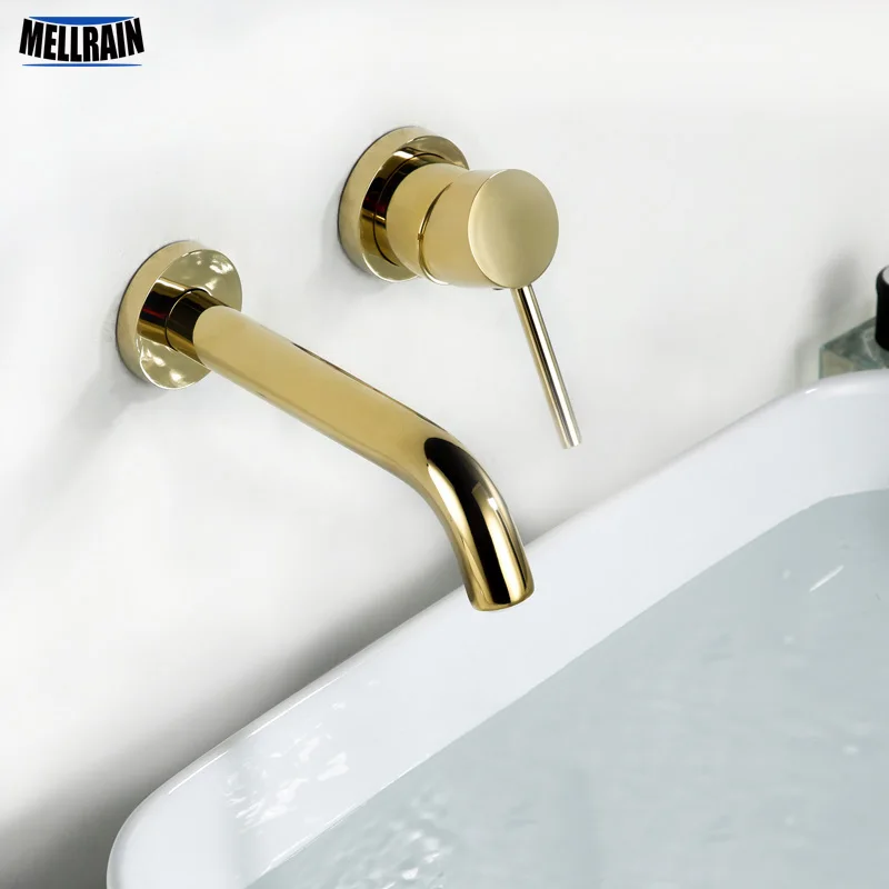 Gold Color Simple Wall Mounted Bathroom Faucet 100 Solid Brass Single