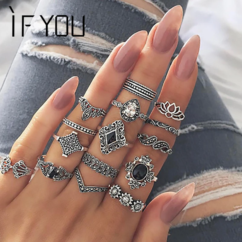 IF YOU 11pcs/Set Bohemian Black Stone Lotus Style Rings Set Vintage Geometric Antique Knuckle Rings For Women Jewelry Gift
