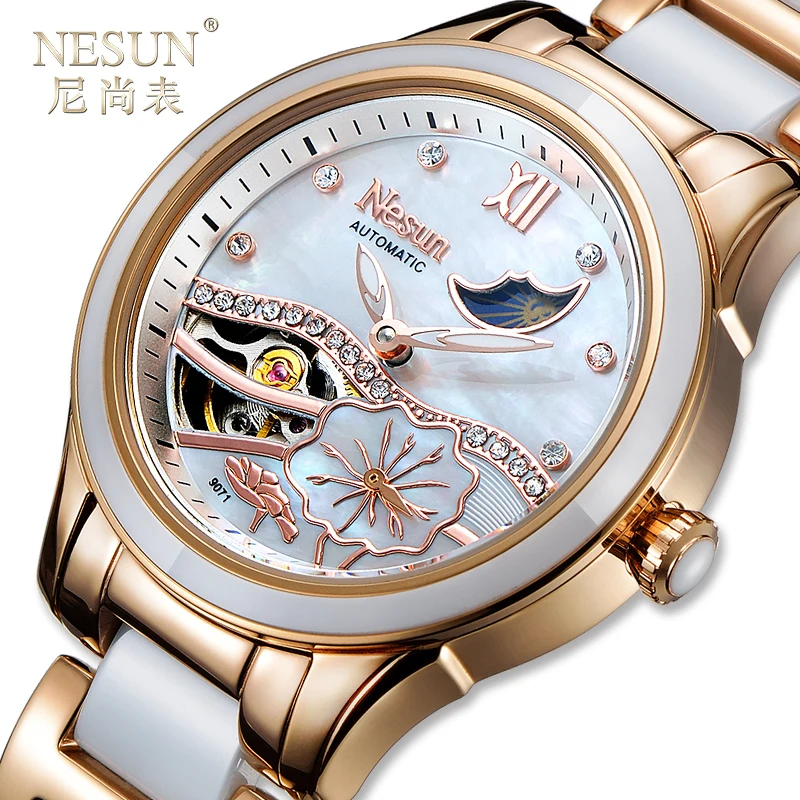 Новый швейцария Nesun полые Tourbillon Для женщин часы Роскошные Брендовые Часы Самовзводные наручные водостойкие женские часы N9071-1