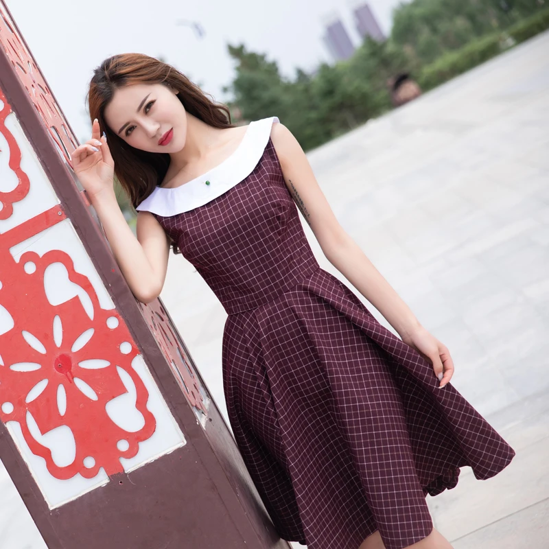 

Vintage Elegant Plaid Dress Women Pin Up Hit Color Slash Neck Swing Midi Dress Vestidos De Festa