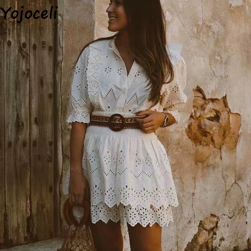 Yojoceli Сексуальное Белое Кружевное женское платье из двух частей летнее