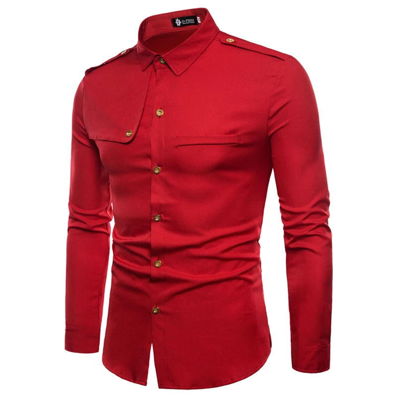 Новинка, мужская рубашка, повседневная, одноцветная, модная, с погонами, с длинным рукавом, мужская рубашка, приталенная, Camisa Masculina Chemise Homme - Цвет: Red