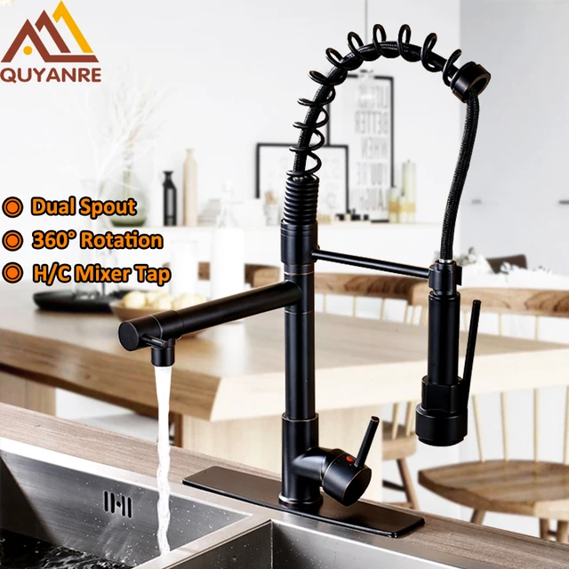 Best Offers Chrome  Black Spring Pull Down Kitchen Faucet Dual Spouts 360 Swivel Handheld Shower Kitchen Mixer Tap Hot Cold 2 Outlet Taps