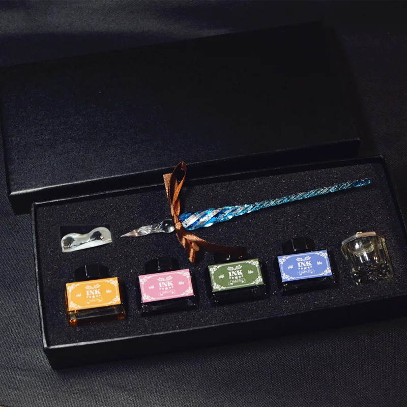 

FREE SHIPPING Crystal glass pen dip pen set with 4 COLORS INK AND pen rack/pen holder