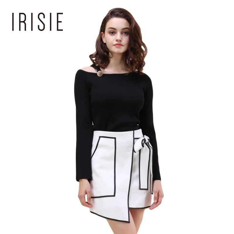 IRISIE Solid Black Asymmetric Women Sweater O neck Cold Shoulder Full