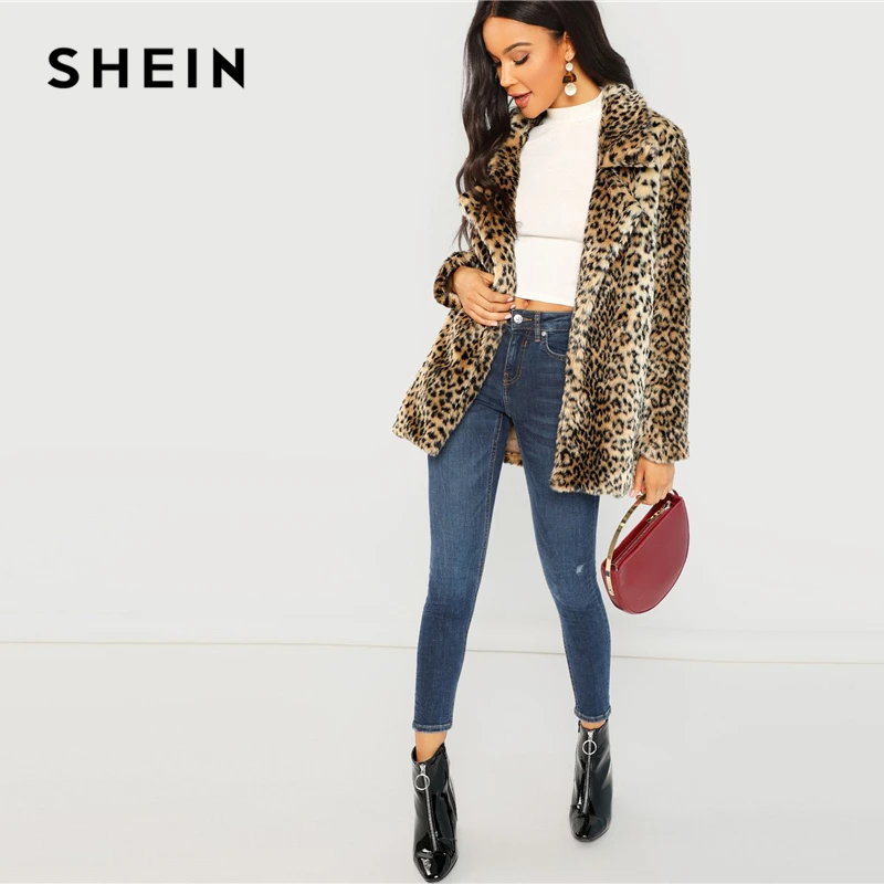 SHEIN Модное Пальто Из Эко Меха С Леопардовым Принтом