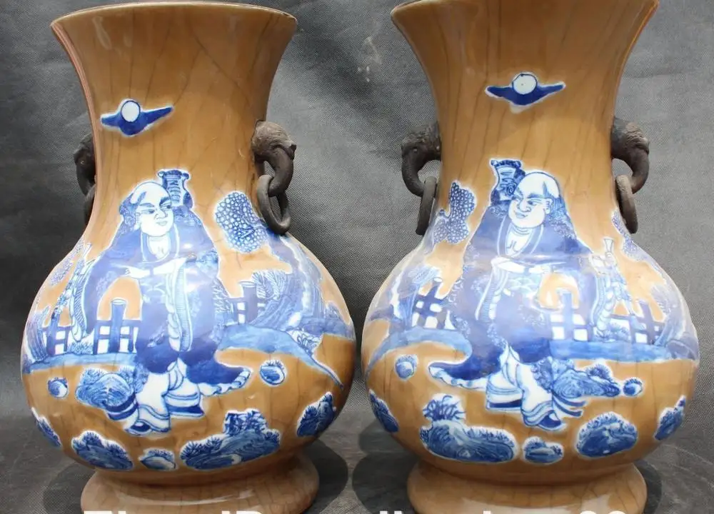 

14" China Wu Cai Porcelain Liu Hai God Play Golden Toad Handle Bottle Vase Pair