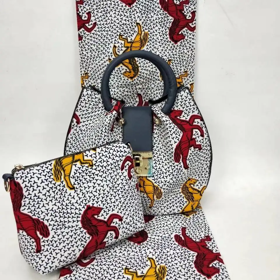 

6Yards Fashionable white background and horse printed pattern hollandais wax fabric african big handbag set for party VB38