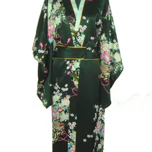Черный Винтаж японский Для женщин атласное кимоно Банный халат кимоно с поясом платье Костюмы Mujeres Quimono Цветок Один размер H0037
