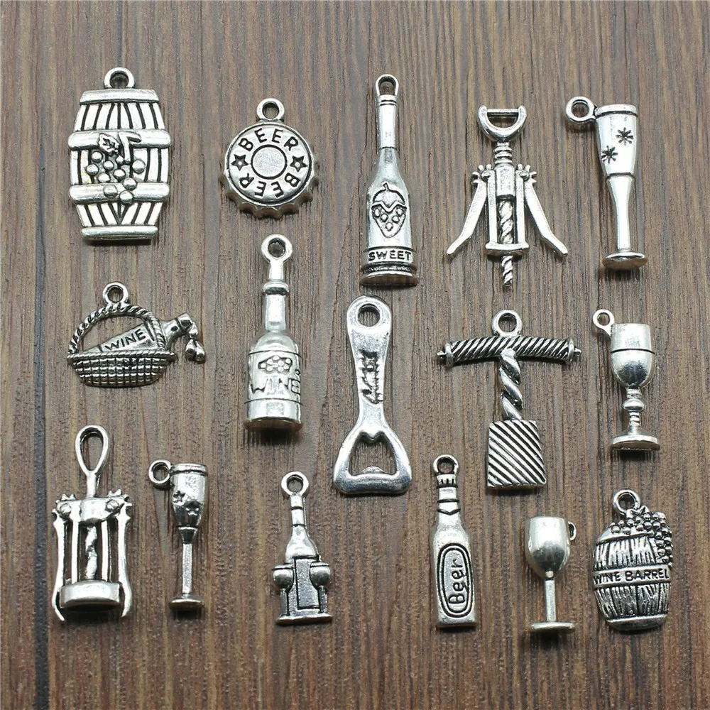 15pcs Wine Charms For Bracelet Making Antique Silver Charms 3D Wine