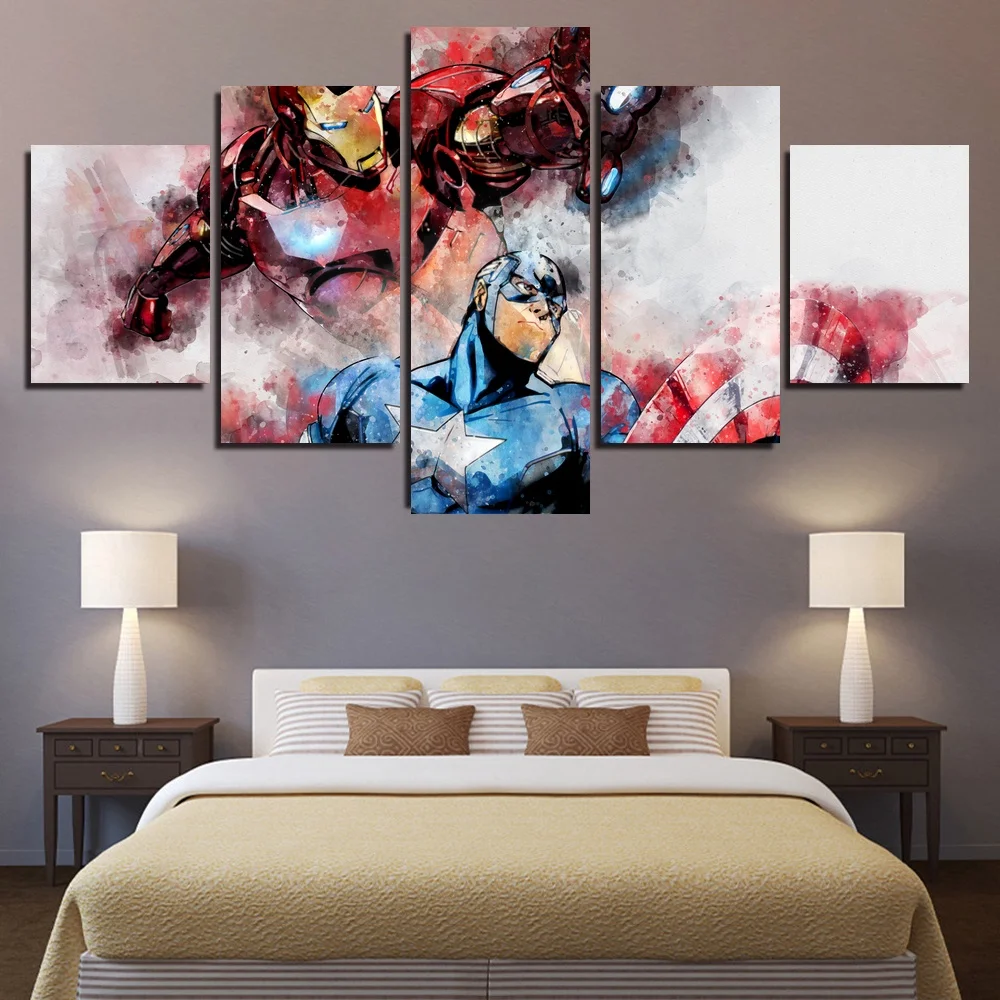 

5 Panel Large HD Printed Painting Iron Man and Superheros Captain America Colorful Canvas Print Wall Art Picture for Living Room