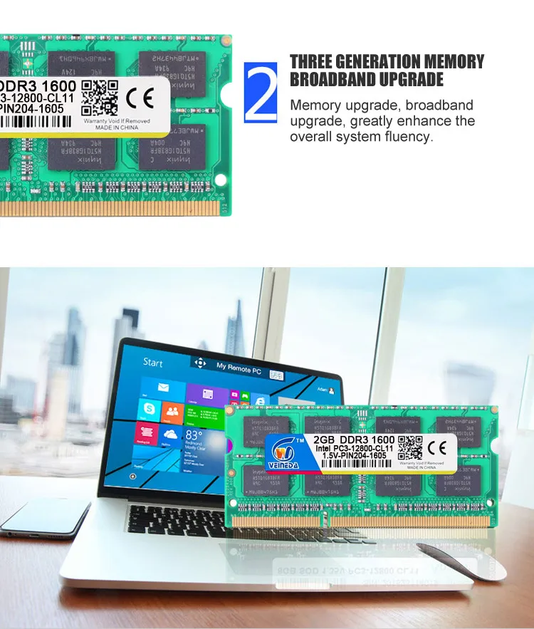 VEINEDA оперативная память DDR3 2 Гб 1066 Sodimm Ram ddr 3 PC3-8500 204pin Совместимость 1333 МГц для ноутбуков AMD Intel