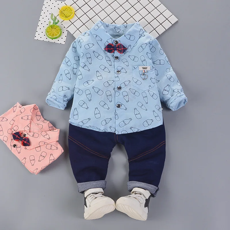 2018 комплект одежды для маленьких мальчиков, осенняя рубашка с галстуком для маленьких мальчиков + Джинсовые леггинсы, комплект одежды из 2