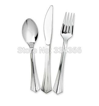 

24sets/lot 24Knives/24Forks/24Spoons Disposable Hard Plastic Party Sliver Cutlery Set Flatware Sets Tableware As Real Silver