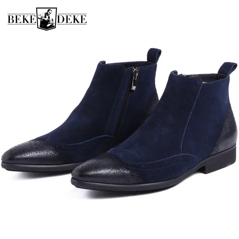 Calçado Toe Genuína Luxo Blue Punk Casuais Masculina Sapatos Homens Partido Escritório Moda Couro Camurça Tornozelo Apontou Botas Retro De Azul Do pY6x8qEnw