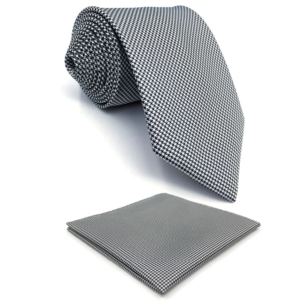 

Y20 Houndstooth White Black Fashion Mens Silk Ties Neck Tie Classic Pocket Square Extra Long 63"