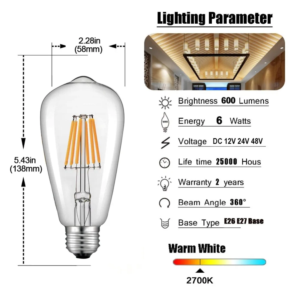 GANRILAND 12V 24V светильник St58 E27 Led Bulab Дневной светильник белый 4500k низкое напряжение 6W Edison 12V Светодиодная лампа винтажный теплый белый 2700K