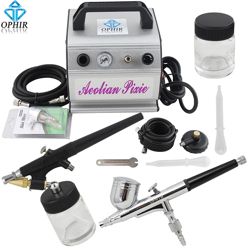 OPHIR 2 Airbrushing Guns & 110V 220V Air Compressor Dual Action Airbrush Set for Nail Art Body Paint Model Hobby _AC088+004+071