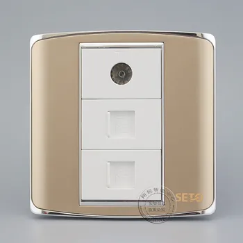 

TV Connector & Dual Cat5e RJ45 Network Lan Champagne Color Faceplate Outlet