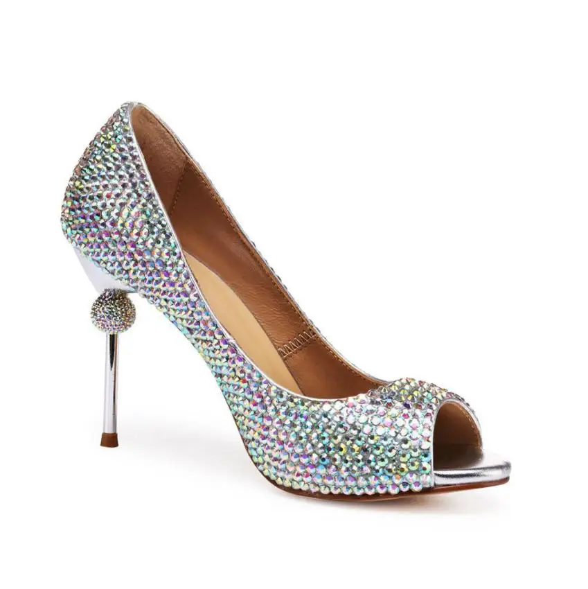 

European and American fashion new high-heeled women's fashion single shoes fine with colored diamonds fish mouth a generation of