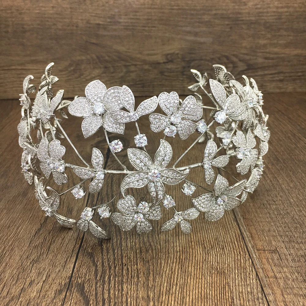 

Paved Full Cubic Zircon Tiara Zirconia Flower Crown CZ Diadema Bridal Coroa Wedding Hair Accessories Bijoux Cheveux WIGO1293