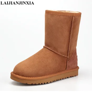 

LAIJIANJINXIA Sheepskin Leather Suede Winter Snow Boots For Women Real Sheep Fur Wool Lined Winter Shoes High Quality Gray Black