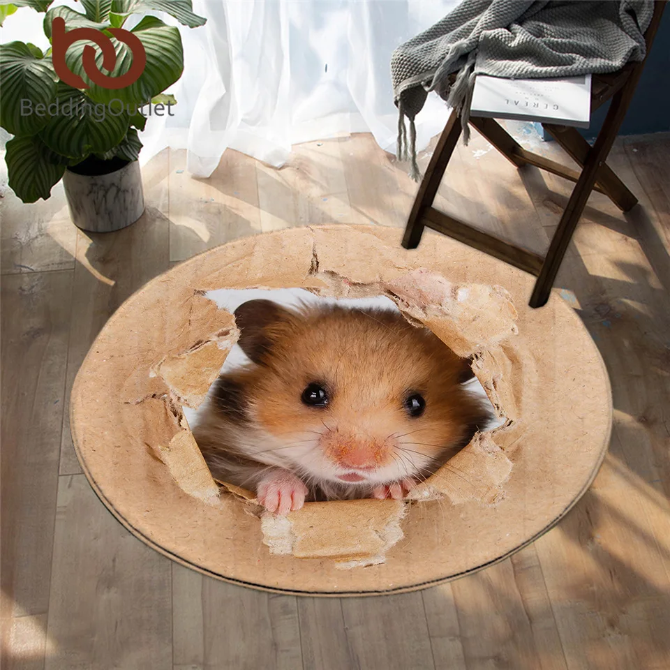 

BeddingOutlet Hamster Round Carpet Papery Printing Area Rugs 3D Vivid Brown Mouse Floor Mat Lovely Animal Non-slip tapetes 100cm