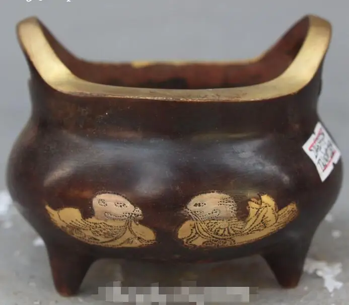 

Marked Chinese Bronze Gilt Mandarin Duck Bird Incense Burner Censer Pot Statue