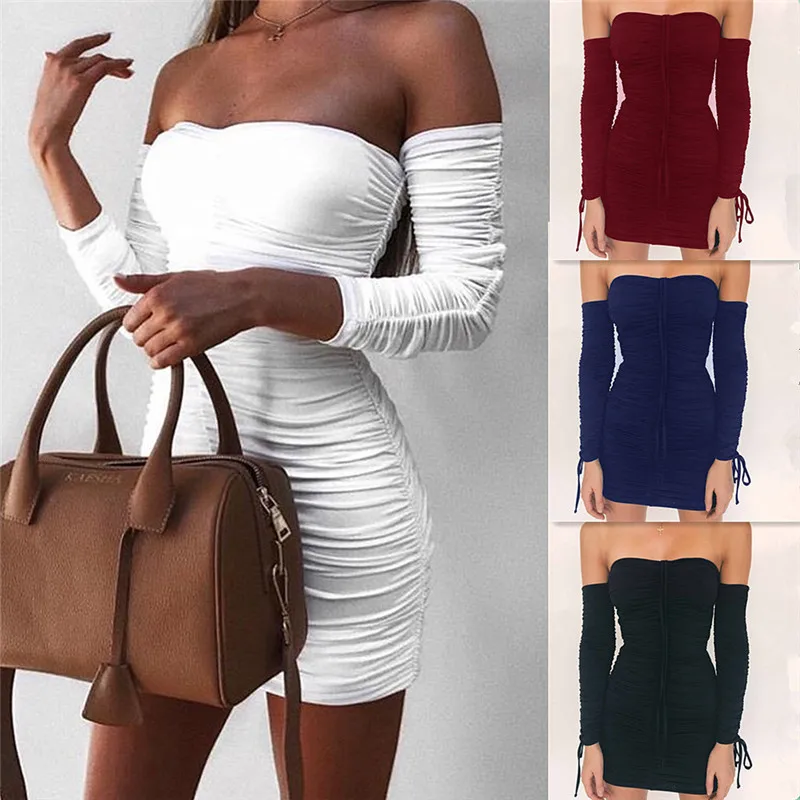 Off Shoulder Slash Neck Sexy Women Slim Bodycon Dress Fashion Long Sleeve Mini Club Party Dresses Elegant Ladies Dress Vestidos01