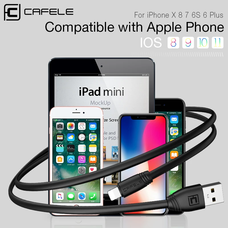 Cafele Flat Usb Cable for iphone X 8 7 6 Plus 5S SE ipad Usb Charging Data Sync Usb Cable Durable Fadeless TPE 5V 2.1A
