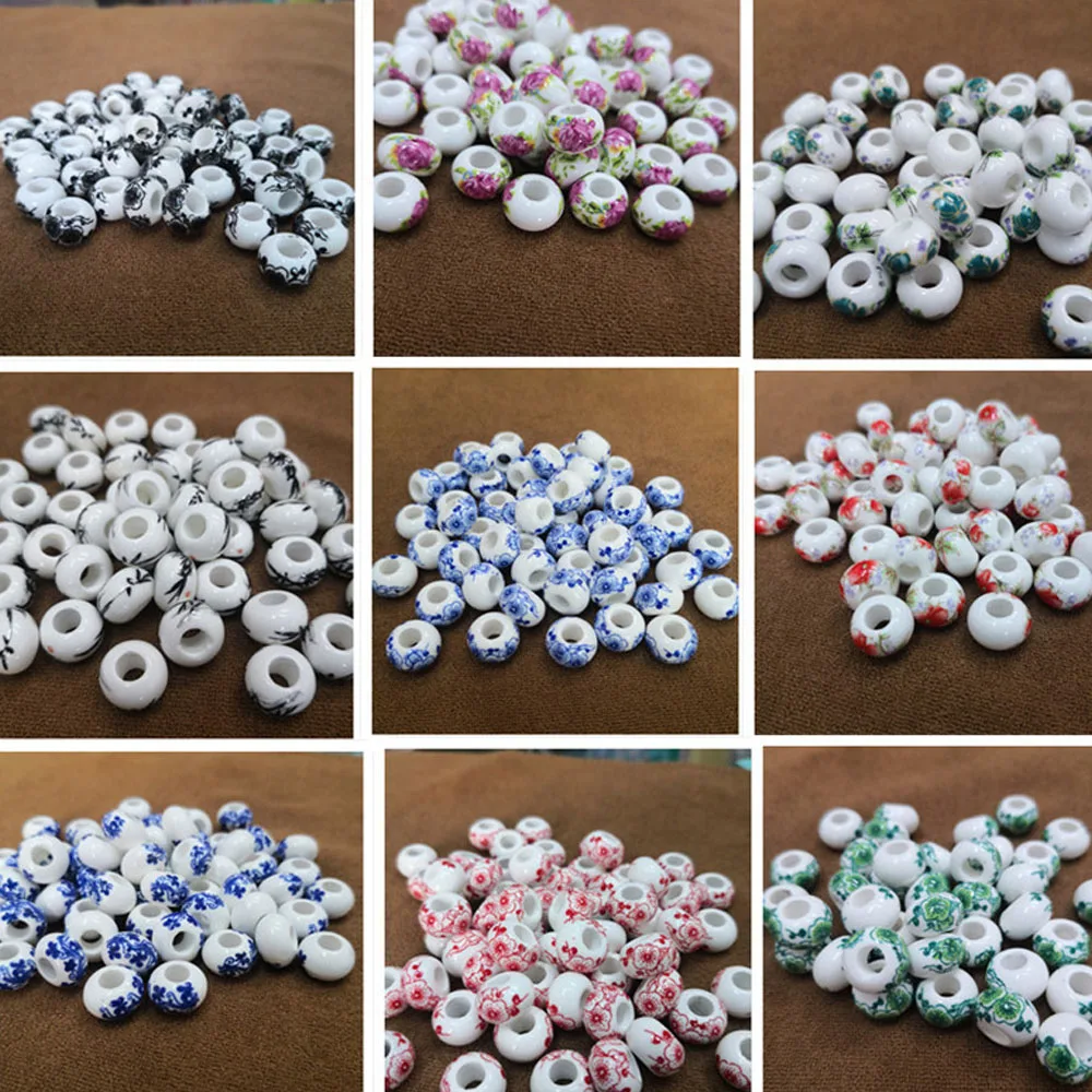 

10Pcs/Lot Round Ceramic Beads 5mm Porcelain Beads Big Hole Flower Loose Spacer For Jewelry Making DIY Decoration Accessory