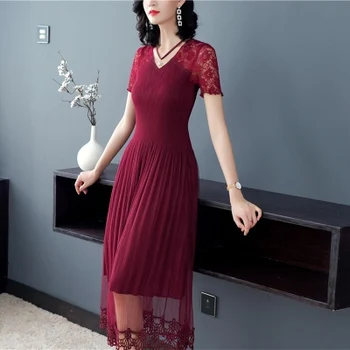 

FREE SHIPPING Miyake short sleeve v-neck fold solid Lace Pleated dress fashion IN STOCK