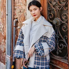 Осень зима дизайн Gloria& Grace синий лоскутный плед повседневное большое теплое пальто из овечьей шерсти Куртка Верхняя одежда