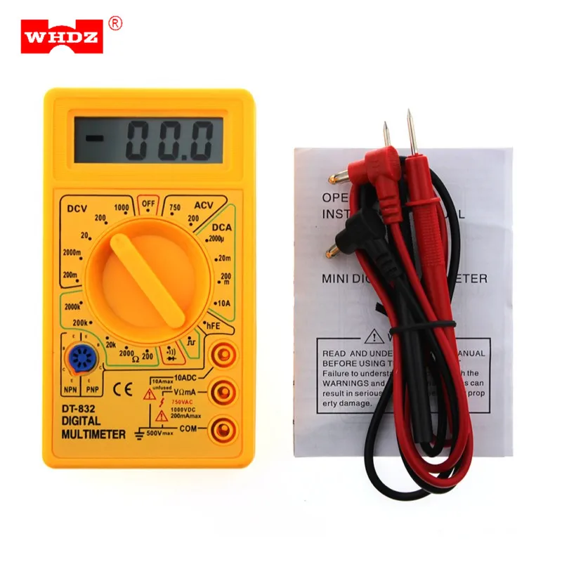 

WHDZ DT832 Digital Multimeter AC DC Voltmeter Ammeter Ohm Auto Polarity Tester Buzzer Diagnostic Multimetro Ttransistor Probe