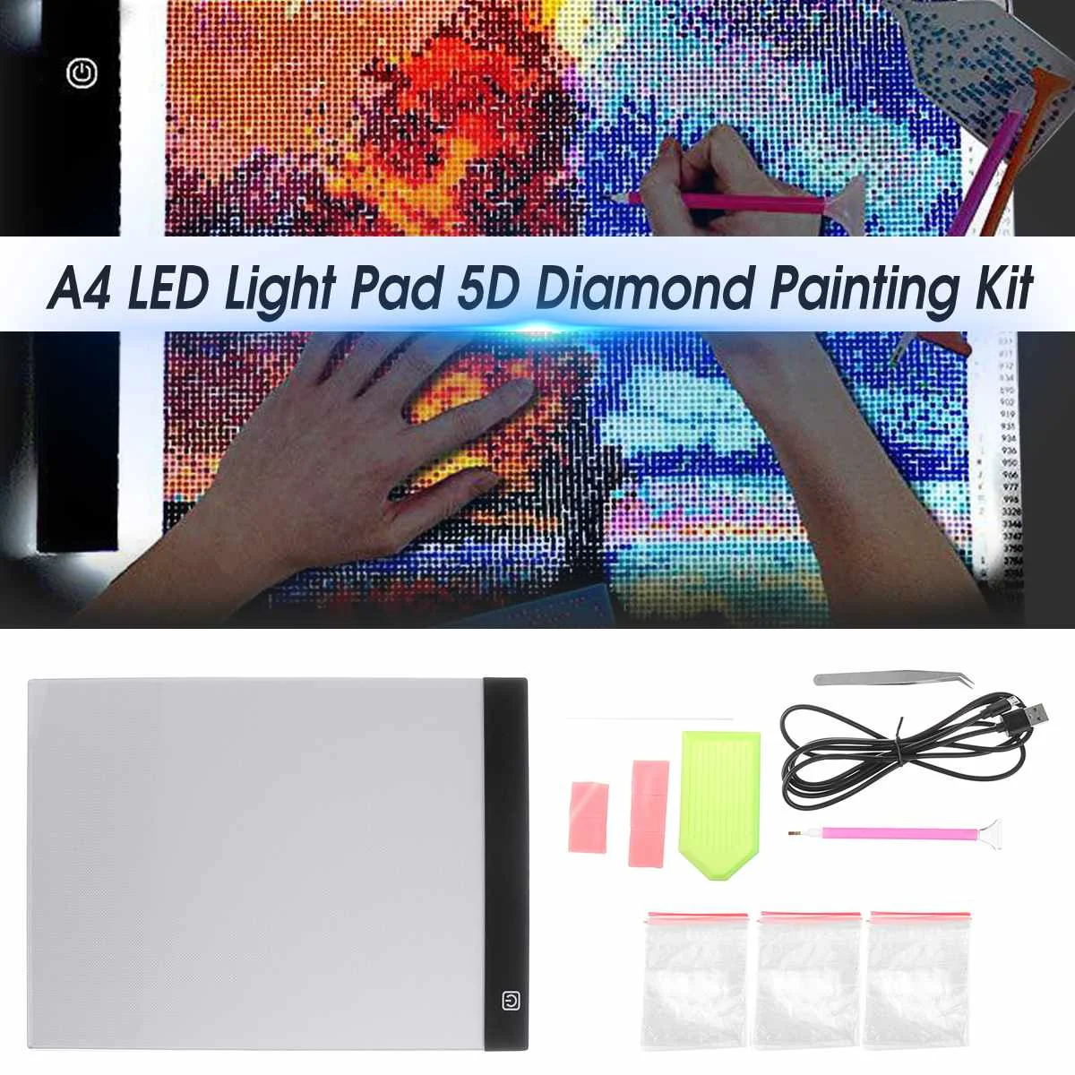 

Ultrathin A4 LED Light Tablet Pad Embroidery Drawing Sketch Board Diamond Painting Cross Stitch Kits w/Binder Clay Box Tweezer