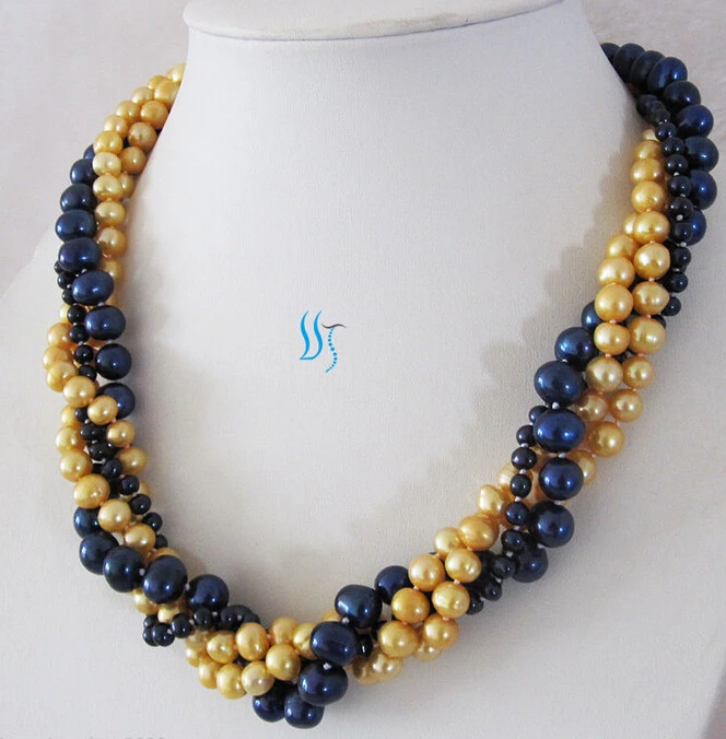

FREE SHIPPING>>>@@ AS33061 4-10mm 4Row Navy Golden Freshwater Pearl Necklace