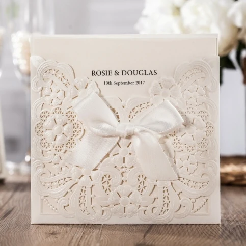 Cheap Wedding Invitation Card With Laser Cut Embossed Floral And Bow