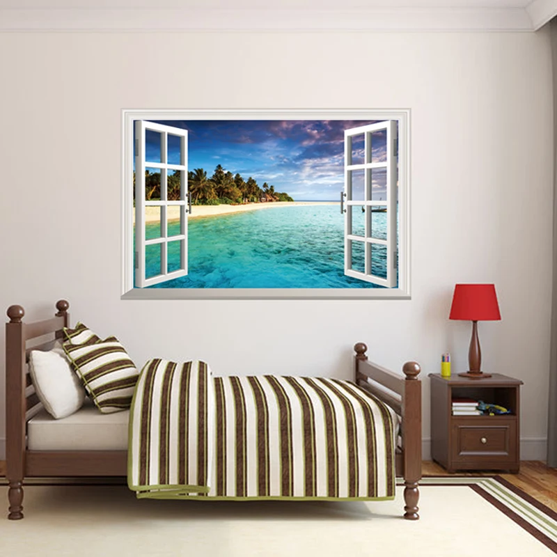 [SHIJUEHEZI] Fake Window Beach Island Wall Stickers for Living Room Kids Bedroom Decoration DIY Cartoon Clouds Wall Decals